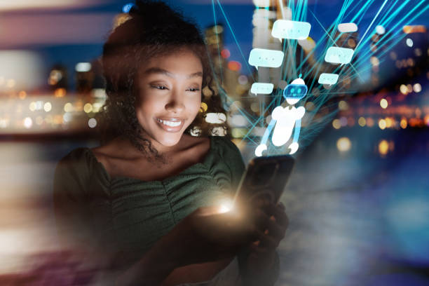 Femme cherche l'amour à l'aide de l'IA sur son smartphone